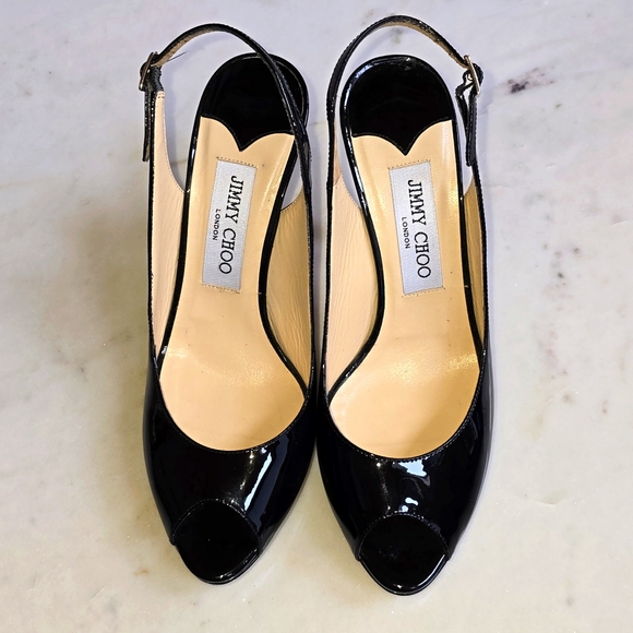 Jimmy Choo black patent platform peeptoe sling back heels Size 37.5 - Picture 2 of 16
